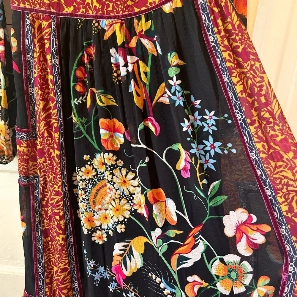 NEW Anthropologie Black Motif Boho Floral Velvet Trim Midi Dress Sz OUS Lined - Picture 10 of 14